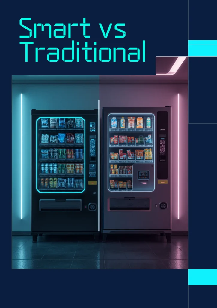 Smart vs traditional vending machine split-screen with “VS” — modern touchscreen vs classic coin-operated machine.
