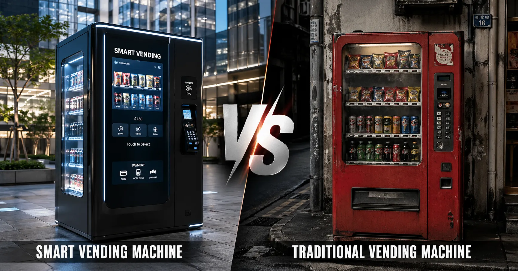 Smart vending machines vs traditional vending machines in 2026, showing a modern touchscreen unit compared to a classic coin-operated machine in a split-screen “VS” comparison.